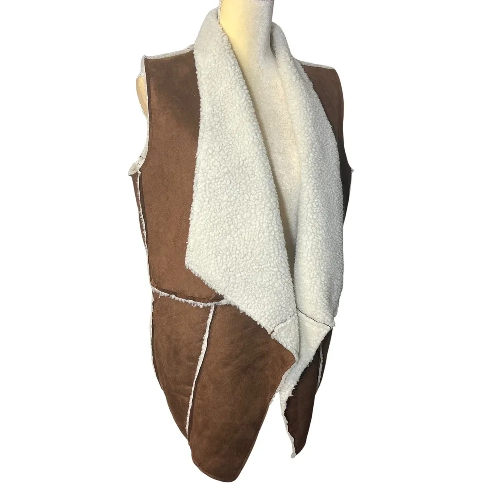 Faux Suede Sherpa Vest Womens Small Brown Sleeveless Drape‎ Open Front
